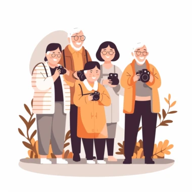 Asian senior people learn to take photos , very simple flat-style clipart design, simple color theme