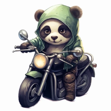 Create a clipart of a cute panda wearing a green leather jacket and riding a motorcycle. Kawaii. White Background, soft lighting.