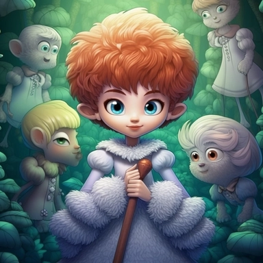 Cartoon kids , thinking expression, searching for clues ,holding a magnifying glass, crouching, in a magical forest . Vector clip art illustration with simple gradients. Each on a separate layer,