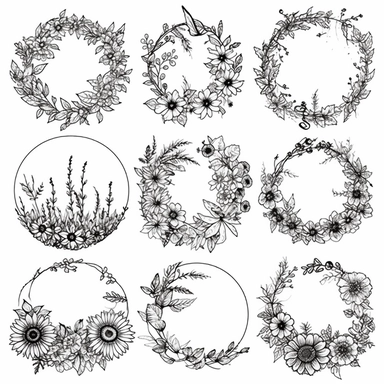 Nine extremely simple and beautiful uncomplicated minimalist design flower garlands clipart in 3 rows, 3 columns, line drawing in a perfect circle, very little detail, mixed drawing so that certain parts of the circle are flowers, straight line, hidden and dotted line, flower details do not enter the circle or enter very little, black focus, high quality, aesthetic style, white background, garlands only,8k