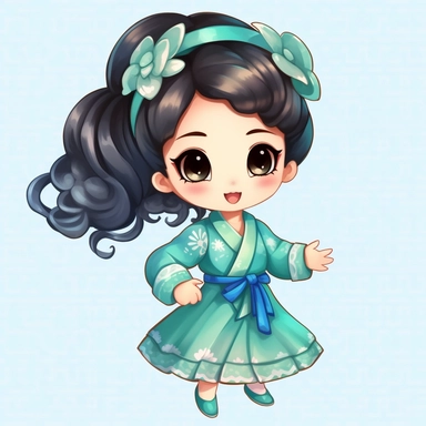 cute girl wearing chinese cheongsam dress in green and blue colors, cartoon style, in chibi style, dancing, transparent background, clipart