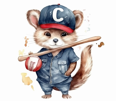 create watercolor clipart of letter C , cute animal in baseball costumes with baseball, incredibly high detail, 16k, gorgeous, white background