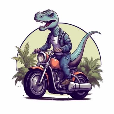 Create a clipart of a cute brontosaurus in a leather jacket riding a vintage motorcycle. Strong and aggressive colors. Jungle trees before a White Background, soft lighting.