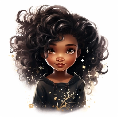 magical black little girl, cool hair, clipart, disney style, white background