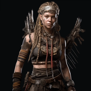 a white woman, full body shoot, wearing tribal clothing and doll head necklace post apocalyptic, unreal game engine style, different poses, detail, clipart, black background, one of a kind--ar 16:9