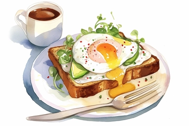 a delightful watercolor, hyper-realistic clipart image with a white background and white margins, showcasing a plate of toast with white cream cheese, sliced ​​avocado and fried egg sprinkled with microgreens. Next to a cup of coffee and cutlery The ultra-detailed, hand-drawn elements capture the golden jolk and tender cheese