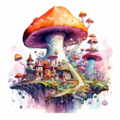 fantasy mushroom city in the clouds. clipart. watercolour.