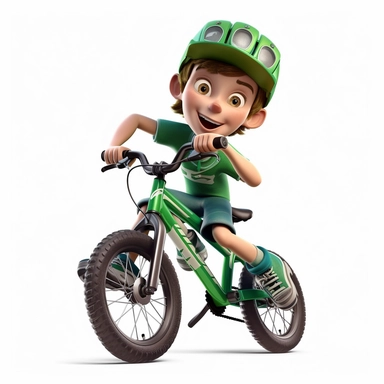 cute young boy riding a mountain bike downhill, smiling, full body, downhill bicycle clipart, Sport graphics, 16k polished, isolated on white background, 3d, rendered by pixar