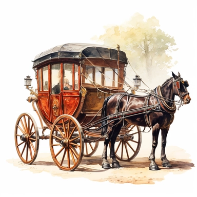a watercolor horse coach in the 18th century by Ferdinand Pickering, clipart, hyper realistic, white background