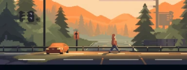 an animated clip with a moving car and a pedestrian crossing on a road, in the style of orange and green, 2d game art, studyplace, rectangular fields, zigzags, gray, duckcore