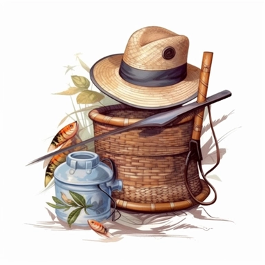 fishing basket And Hat Sublimation Clipart,Cartoon,hyper realistic, intricate detail, illustration style,high solution,on the white background