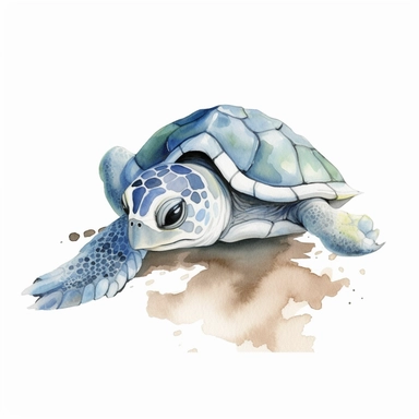 a baby sea turtle crawling towards the ocean on the beach , clipart, watercolor, white background
