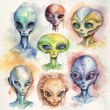 watercolor painting of many alien clipart many variants on one picture in different design