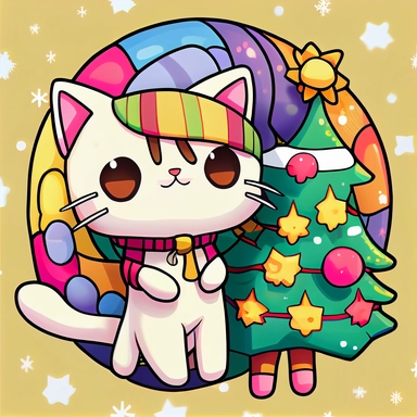 sticker clipart, vector, cute chibi shorthair cartoon christmas cat, christmas themed, christmast sceen by Lisa Frank, snow, adventure time art style, trippy, featured on deviantart, furry art, furaffinity, official art, anime