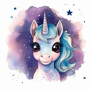 Cartoon Dreamy Unicorn Silhouette against a Starry Sky, Big Eyes, cartoon, watercolor, professional clipart, white background, neat, clean