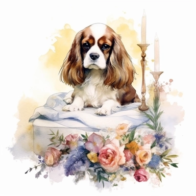 Drawing and Illustration Watercolor Print Watercolor Portrait Watercolor King Charles Spaniel Sitting in His Bed with Flowers Crooked Art Clipart for Print Art Watercolor Painting Watercolor Watercolor Charles Spaniel Art Udal Art for Commercial Use