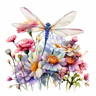 artwork in the style of cicely mary barker, clipart, whimsical watercolour illustration of a cute dragonfly and flowers, very colourful, watercolor clipart, book cover illustration, hyper HD, white background