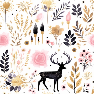 Draw a watercolor-style clip art images that feature objects related to an aesthetic adorned with floral designs. The images should have aesthetic, and should incorporate elements such as watercolor [gold] whimsical and cute illustration in watercolor of a cute deer with black ornaments on the body, in a Scandinavian folk art style with botanical and swirl motifs. light pink gold colors Traditional with a modern twist watercoloritem collection, isolated on a white background, gourmet, classy, si