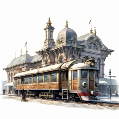 a clipart of a train stations from the early 20th century with old-fashioned train cars and elegant architecture in the style of realism with no elements, , luis ricardo falero, highly detailed illustrations, 32k uhd, white background