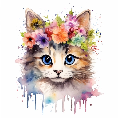 isolated clipart, cute cat with flowers on its head, highly realistic, flickr, watercolorist, uhd image, multi-layered mixed media