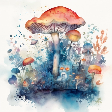 In this watercolor illustration, a mystical mushroom takes center stage, painted with vibrant hues and surrounded by delicate flowers and lush plants. The clipart design captures a magical scene, where fairies flit about in the air, their ethereal forms highlighted against a watercolor backdrop. The white background provides a stark contrast to the dominant blue color scheme, enhancing the enchanting atmosphere of the artwork. The intricate details of the flora and the playful presence of the fa