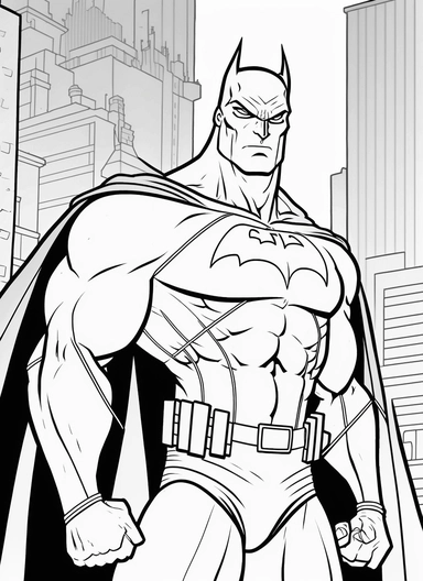 line art, black and white, batman, sketch, coloring page for kids, coloring page for children, thick lines, realistic, drawing, printable outlined art, crisp lines, No background, clip art, hand drawn, No shadows, drawing, No gray, no shades, high contrast. The line art should be clean and crisp, with uniform thickness and minimal shading, to provide a user - friendly coloring experience.