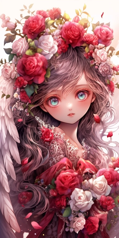 Watercolor beautiful wild roses fantasy, Angel girl with beautiful face and big eyes with flowers, angel wing, chibi kawaii animated style, vivid vibrant colors, intricate detail, hyper detailed, hyper quality, 32K, unreal engine, isolated on white background, kawaii, clipart