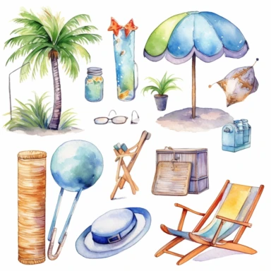summer beach clipart, white bsckground, watercolor,