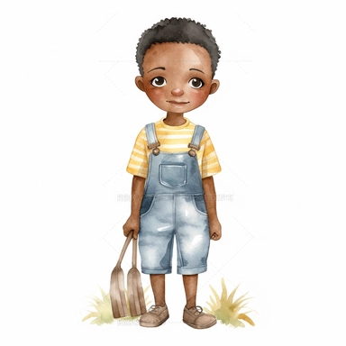 watercolor farm cute african american boy clipart white background