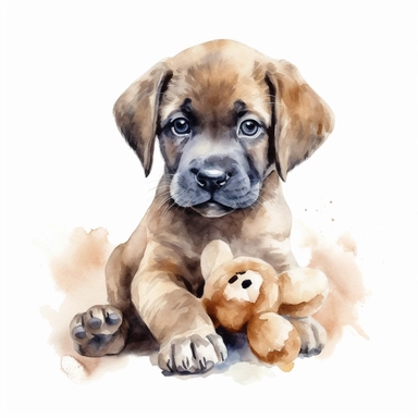 Watercolor puppy playing, with cuddly toy bone Clipart - cute puppy , Colour of brindle brown and cream, white background, vector art, high definition, clip art, ar 2:2