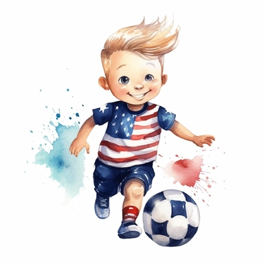 cute Watercolor cartoon happy team USA soccer player, clipart, white background