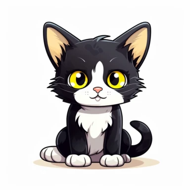 Cute cartoon cat, julius cat, black face with a little bit white by mouth, more white on chest, yellow eyes, full body sitting, white background, clip art, vector graphic