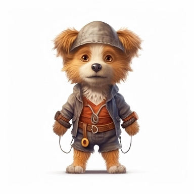 Adorable cute fantasy baby dog dressed like rune farmer standing in dynamic pose,front view,fullbody,sharp through out,happy expression, nursery art, clipart image, lineart image, white background, very detailed, 8k, composition wide shot