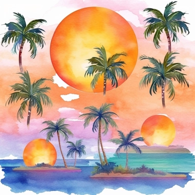 watercolor tropical sunsets clipart, digital graphics beach landscape