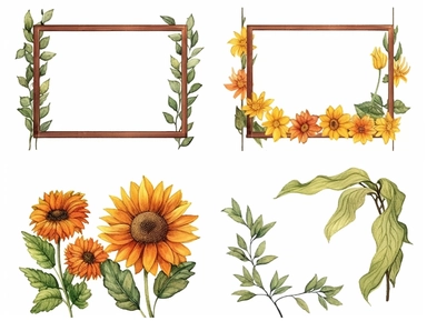 Rectangular frame with greenery and sunflowers in the four corners, floral decor clip art, colored pencil, minimalist set, Konica Big Mini
