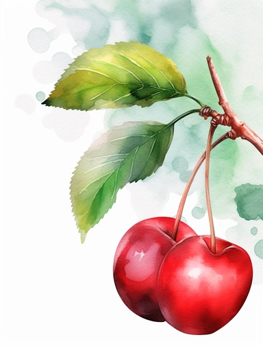 watercolor cherry, fruit transparent transparent background png clipart, in the style of ink wash collages, precise realism, applecore, uhd image, zaire school of popular painting, light emerald and red, surreal organic