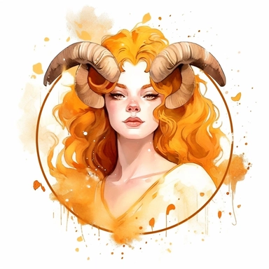 aries zodiac sign, goddess women, realistic watercolor style art, clipart, zodiac sign, epic, mystic, white background, in golden frame, detailed, 8k