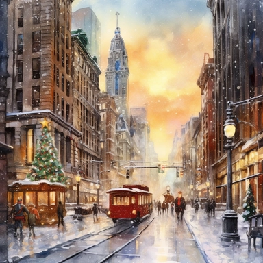 Christmas eve in New York, style by Thomas Kinkade, watercolor, smooth gradients, black contour outline, ultra detailed, clipart elements, vibrant colors, solid white background, super clear, high quality