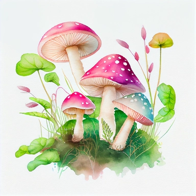 Watercolour Magic Mystical not poisonous friendly group of Mushrooms with thick stem, no ring, no dots or circles on the cap, clipart pink. Growing from the ground. Some lush green plants and grass leaves around, also growing from the ground. No things hanging in the air. white background