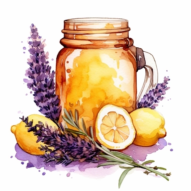 watercolor jar of honey and lemons and lavender clipart on white background
