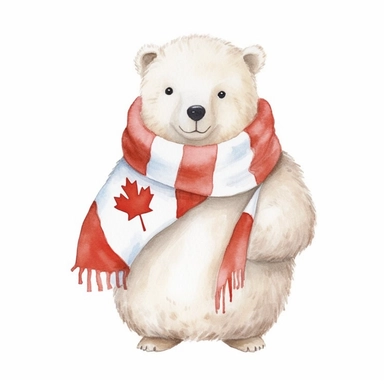 Design a watercolor cliparts featuring a polar bear holding a canada flag. The beaver is wearing winter clothes. Ensure each clipart is isolated on a clean white background, with a file size of 120K,--ar 2:3