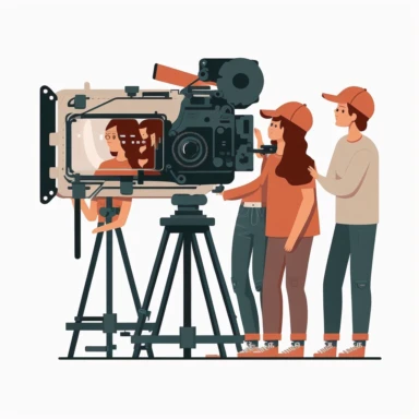 film crew making a movie, transparent white background, flat clipart style