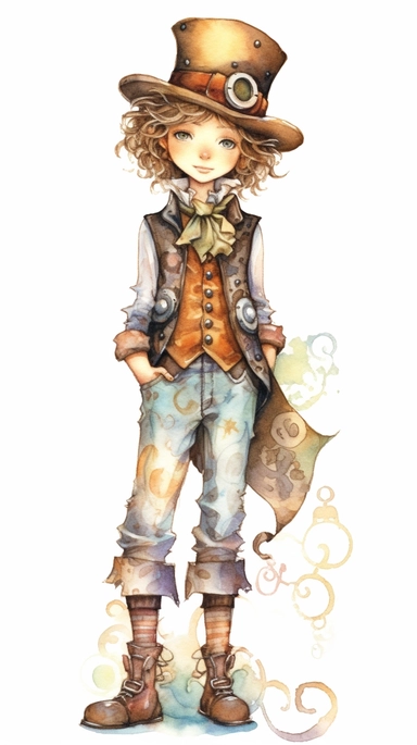 watercolor steampunk boy entire body illustration clipart by holly hobbie and mary engelbreit