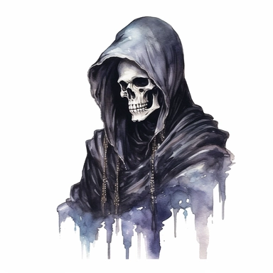 watercolor, mystic, gothic, dark skeleton, very detailed, clipart, white background