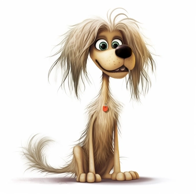 a really skinny cartoon dog, hair frizzed out, funny, full body image, pixar style, clipart, white background