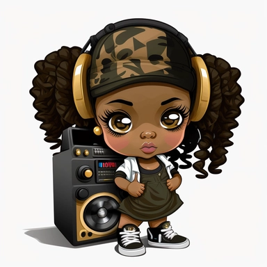 Black hip hop chibi schoolgirl png clipart, camo color black hip hop school girl, African American schoolgirl, radio, 3d, white background