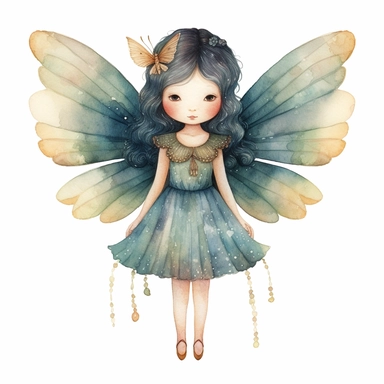 claudia tremblay style watercolor clipart high detail little chubby watercolor fairy with beautiful wings on their back, pointy ears and soft colors