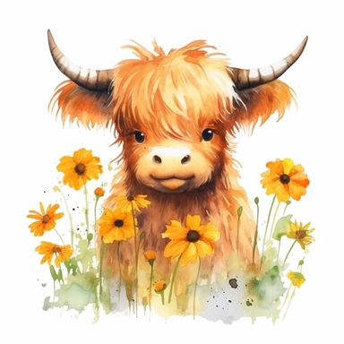 cute highland cow daisies around, light watercolor, watercolor splash, few details, Studio Ghibli, clipart, white background