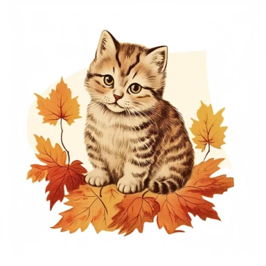 autumn themed scottish fold kitten, vintage clip art