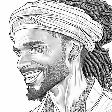 monochrome classic coloring book page of full body head to toe clipart style of smiling, handsome African American man with smooth skin no blemish, he has round detailed eyes, chiseled face with hair, hyper realistic, hyper detailed, hair is short curly dreadlocks, wearing a full African outfit, line art, 8k polished focused photography, there is no background on this image